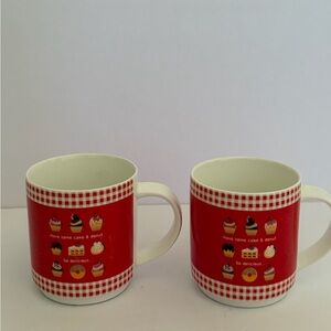 Whimsical Retro Cupcake Donut Mug Pair Red White Gingham Ceramic Coffee Tea Cups